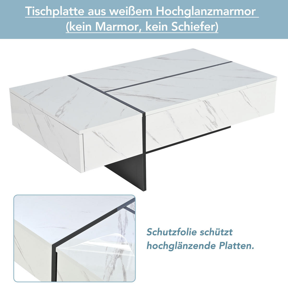 COUCHTISCH aus Spanplatte 105x60x35 cm Weiß mit 3 Schubladen, LED-Beleuchtung und Hochglanzplatte mit Marmormuster - Weiß, Holzwerkstoff (105/60/35cm) - Modfu