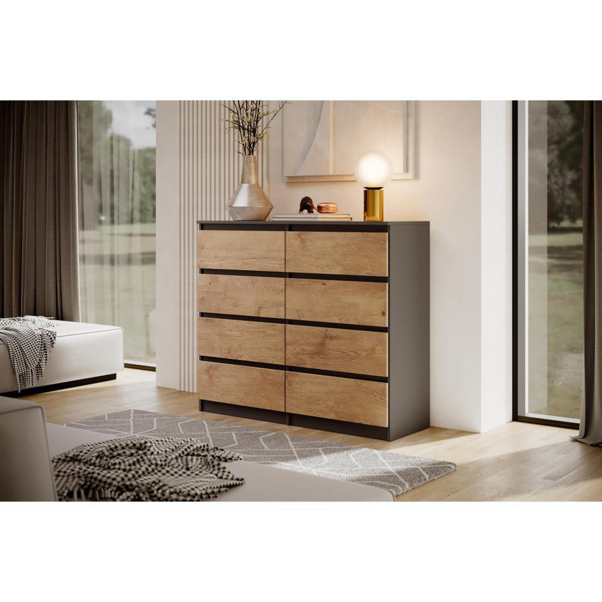 KOMMODE Lemon 120 cm mit acht Schubladen anthrazit/eiche Lanzelot - Eichefarben/Anthrazit, Holzwerkstoff (120/101.5/39cm) - Beautysofa