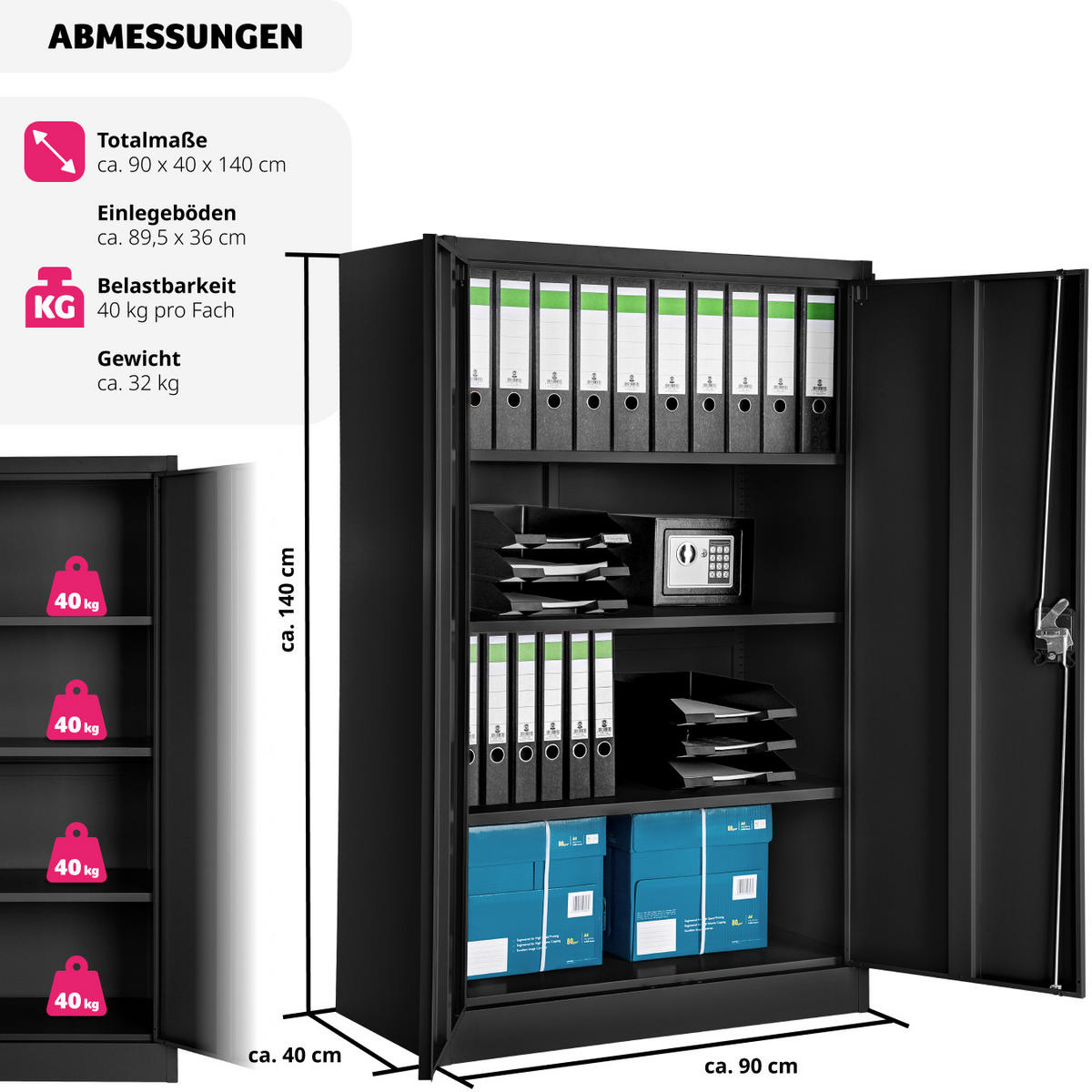 AKTENSCHRANK ,140 x 90 x 40 cm,schwarz - Schwarz, Metall (90/140/40cm) - tectake
