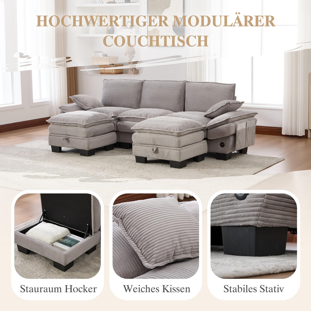 WOHNLANDSCHAFT Cord Hellgrau mit USB-C, Seitentaschen und mit 2 Hocker - Hellgrau, Holzwerkstoff/Kunststoff (260/84/132cm) - WISHDOR