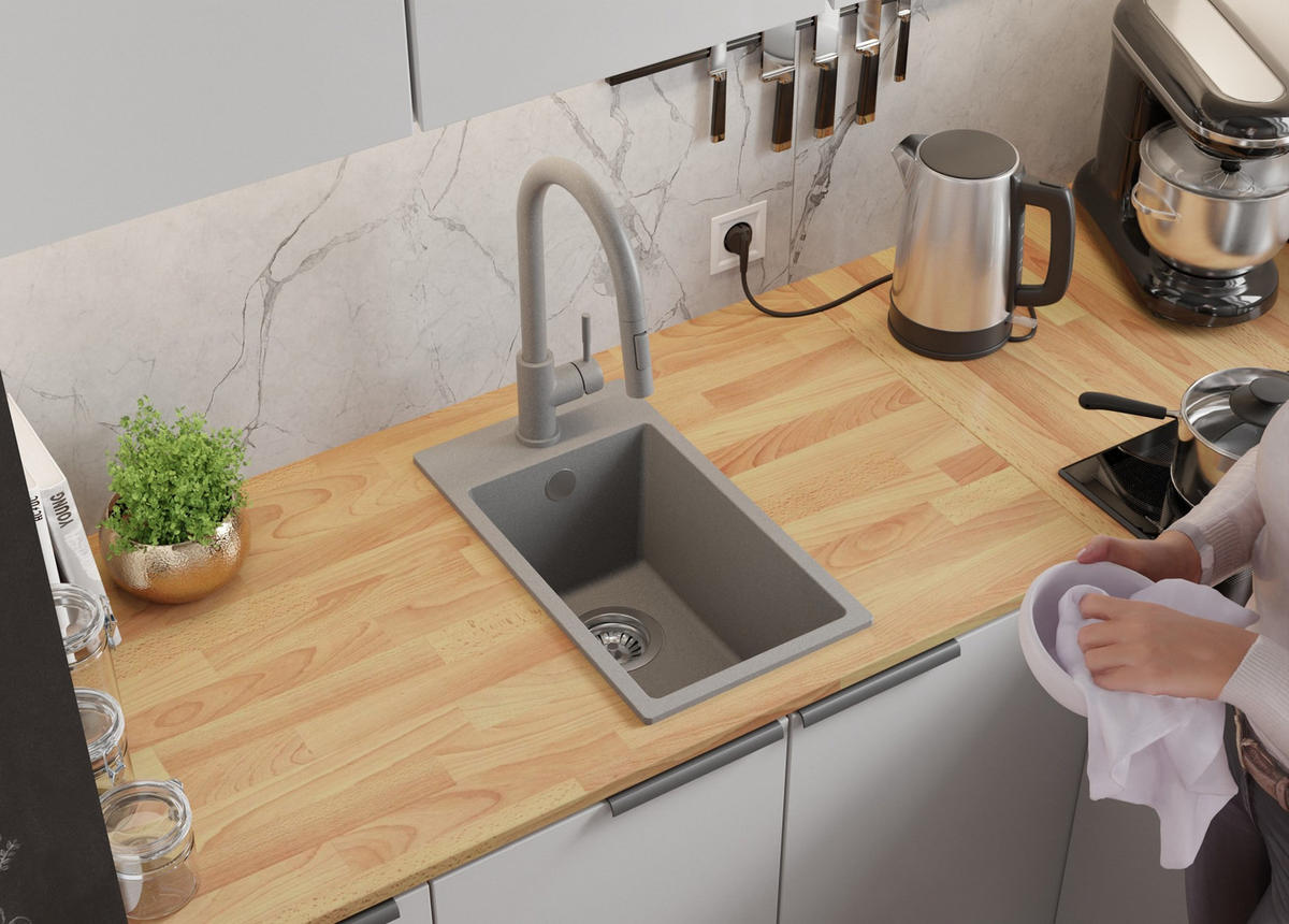 GRANITSPÜLE Riga, 2-er set Grau 28/50 cm 1 Becken + Küchenarmatur 38/14 cm + Ablauf-Set ab 30er Unterschrank - Grau, Kunststoff (28/20/50cm) - Primagran