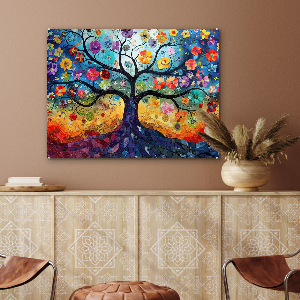 OBRAZ NA AKRYLOVOM SKLE Umenie - Strom života - Kvety - Hippie 80x60 cm - tmavomodrá, sklo (80/60cm) - MuchoWow