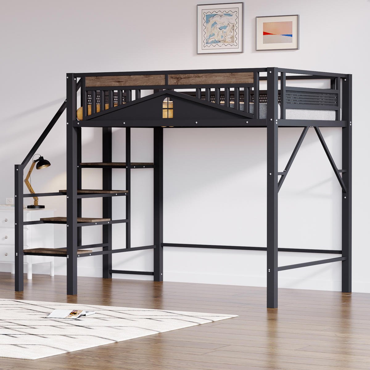 HOCHBETT 140/200 cm aus Metall/Holz mit Fensterdesign und Stauraumleiter Schwarz - Schwarz, Metall (140/200cm) - Modenvie
