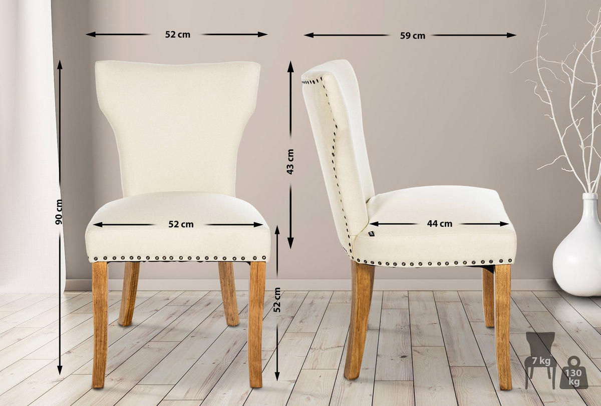 WOHNZIMMERSTUHL 2er Set Stoff creme - Creme/Naturfarben, Holz/Textil (52/90/59cm) - CLP
