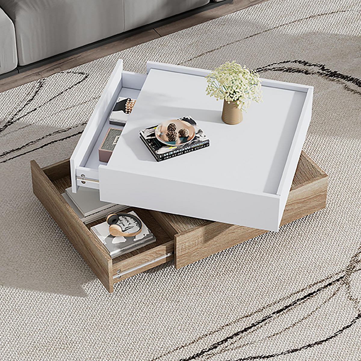 COUCHTISCH aus Spanplatte 60x60x38 cm in Weiß mit 360° Drehfunktion - Weiß, Holzwerkstoff (60/60/38cm) - Modfu