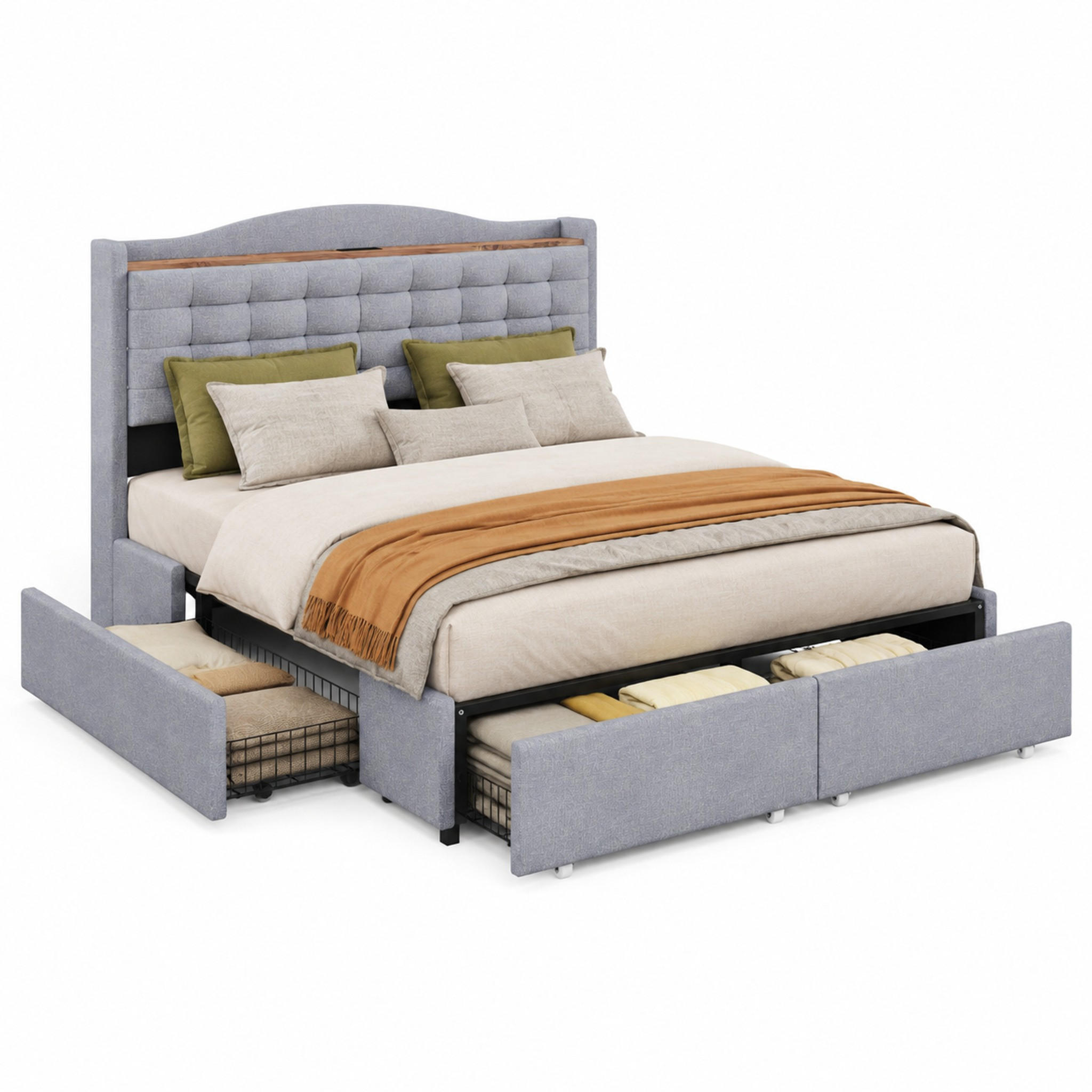 POLSTERBETT mit USB und 4 Schubladen 160x200 cm Grau - Grau, Metall (160/200cm) - Meubliv