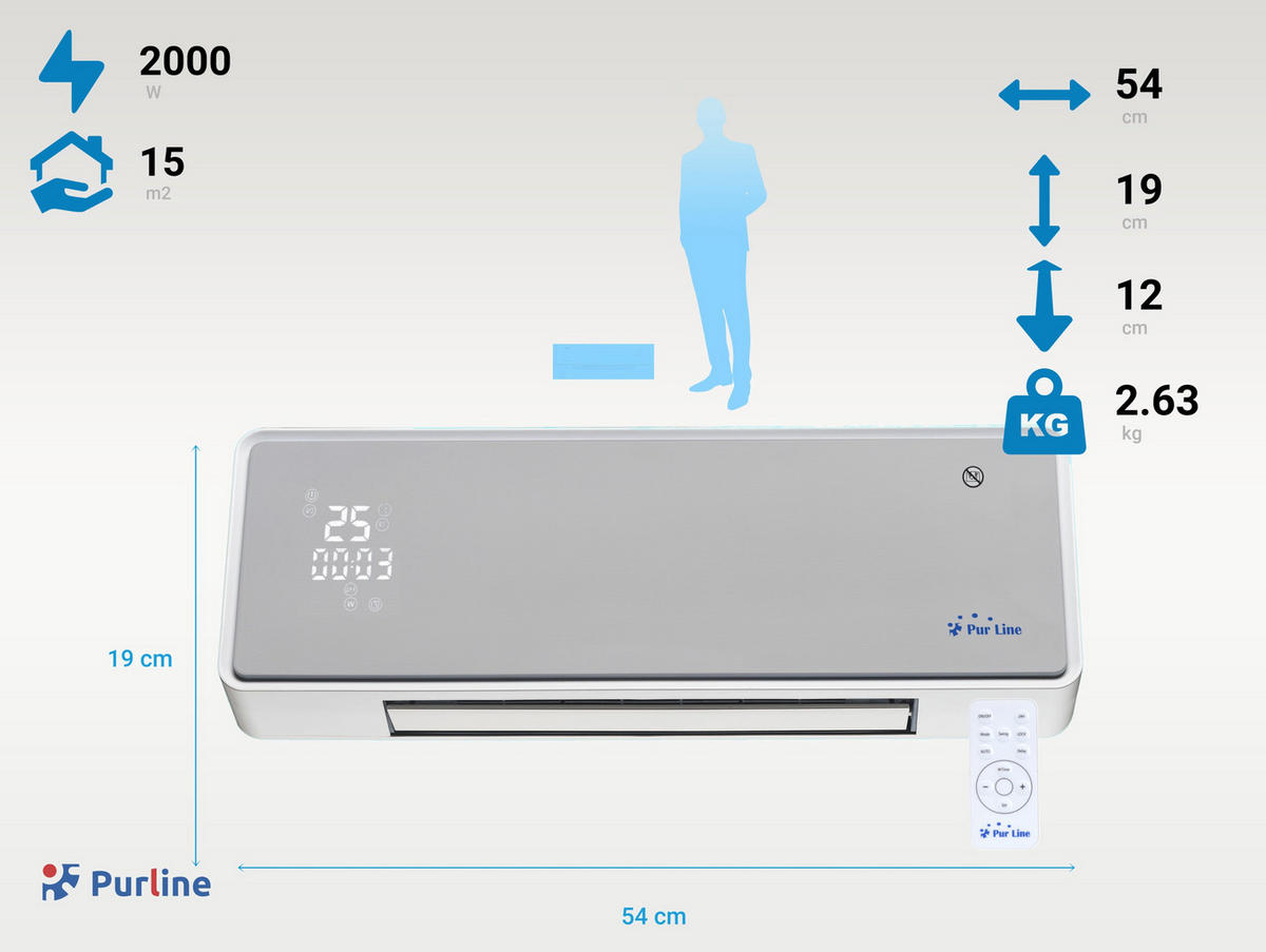 SPLIT-WANDHEIZUNG Grau mit Fernsteuerung und Programmierung 2000 W - Grau, Kunststoff (54/19/12cm) - Purline