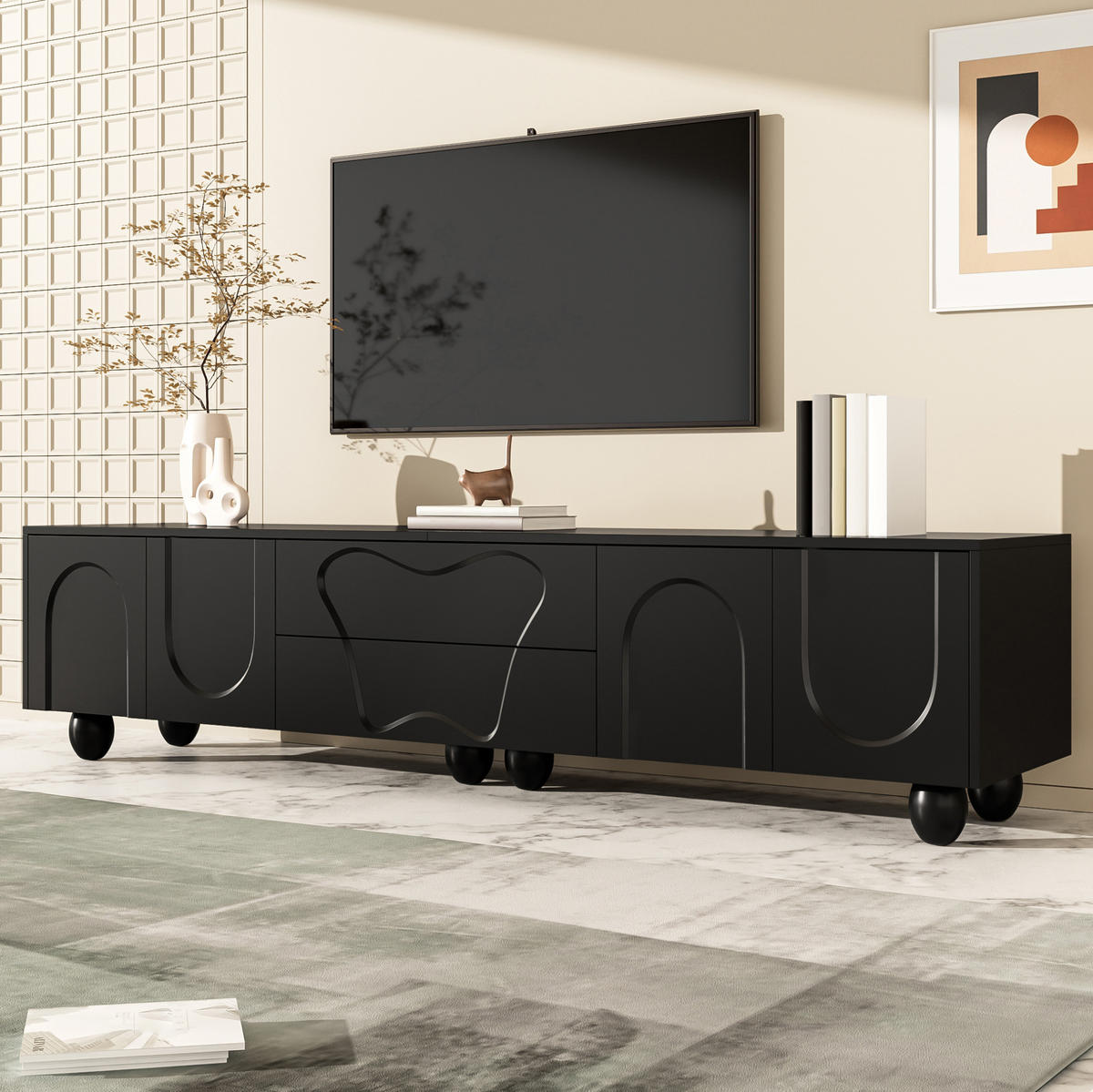 TV-SCHRANK aus Spanplatte 180x40x42 cm Schwarz mit Schubladen und Fächern, viel Stauraum und Massivholzbeinen - Schwarz, Holzwerkstoff (180/42/40cm) - Modfu