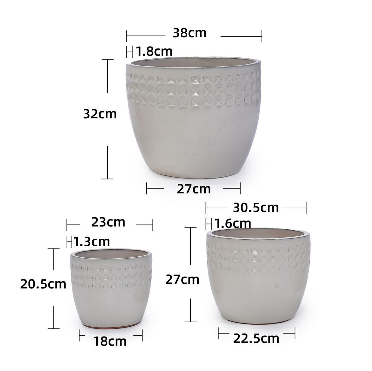 TRUHLÍK na kvetye, sada 3 ks, Ø 38/30,5/23 cm, keramika starobiela, mrazuvzdorné - biela, keramika (38/32/38cm) - BEAOK