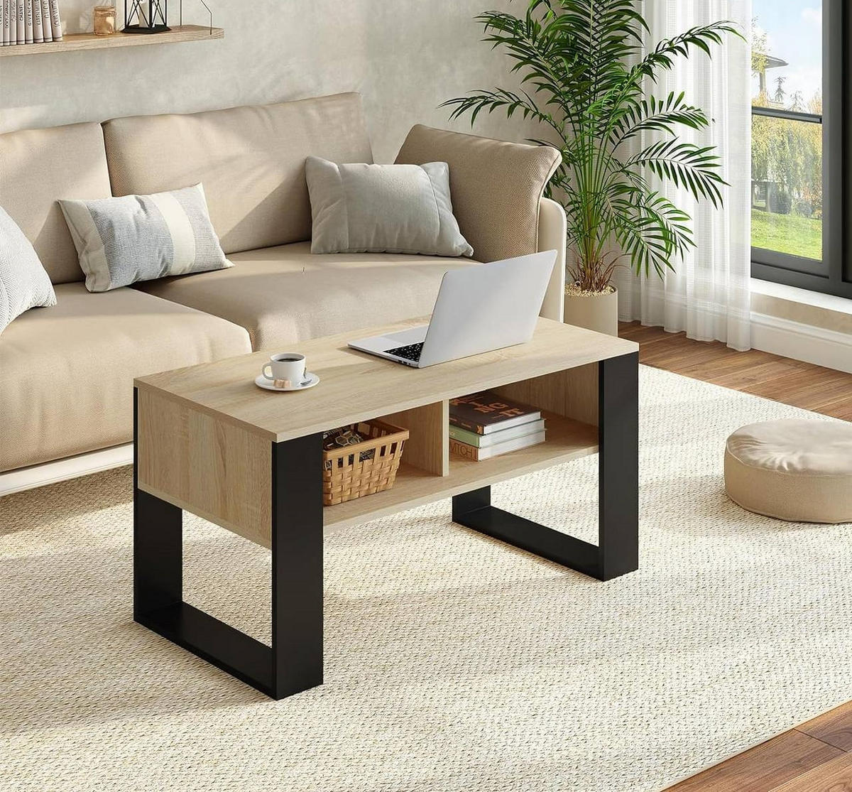 COUCHTISCH mit 2 offene Fächer, Hell Eiche - Ahornfarben/Schwarz, Holzwerkstoff (45/90/45.5cm) - Woltu