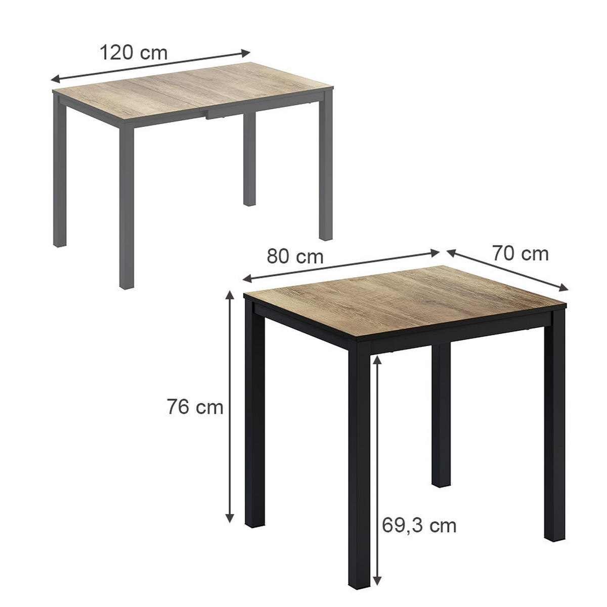 ESSTISCH Granny Eiche rustikal/Anthrazit 120 x 70 cm ausziehbar - Alteiche/Anthrazit, Holzwerkstoff (70/120/76cm) - Vicco
