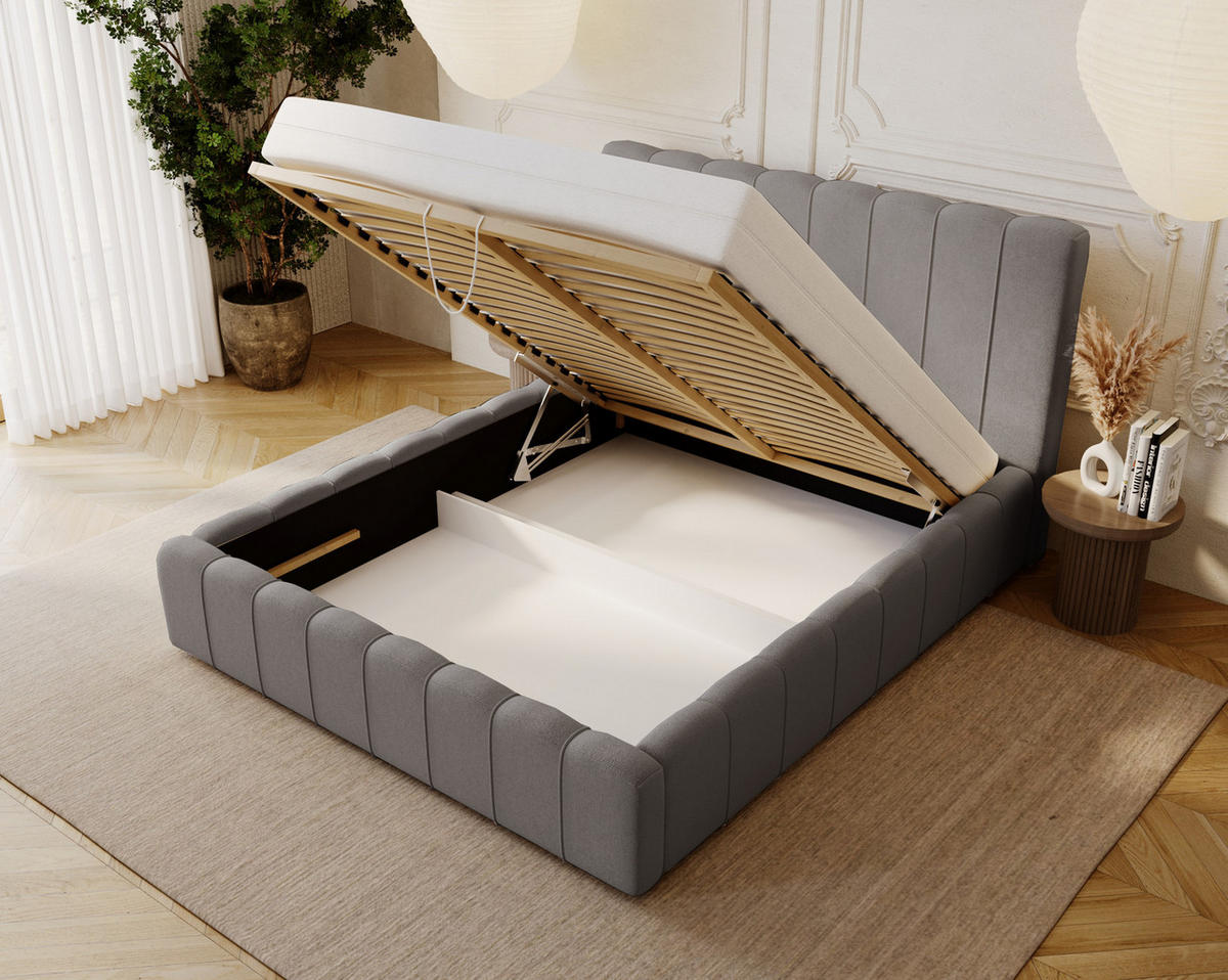 POLSTERBETT 140x200 mit Lattenrost, Bettkasten, Lisbon, Grau - Grau, Holz/Textil (140/200cm) - Emporius