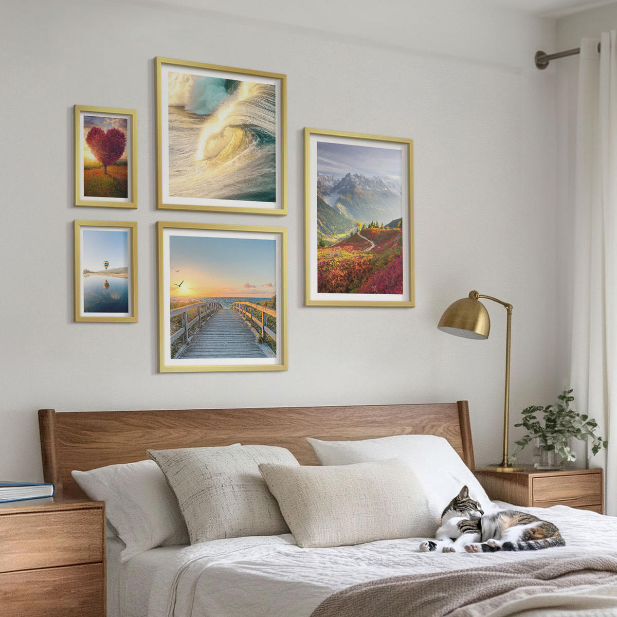 WANDBILDER 5er Set - 50x50 cm & 20x30 cm & 40x60 cm Goldrahmen - Landschaften Berge Wellen Baum Herz Pier - Goldfarben, Kunststoff (40/60cm) - ArtPrintCave