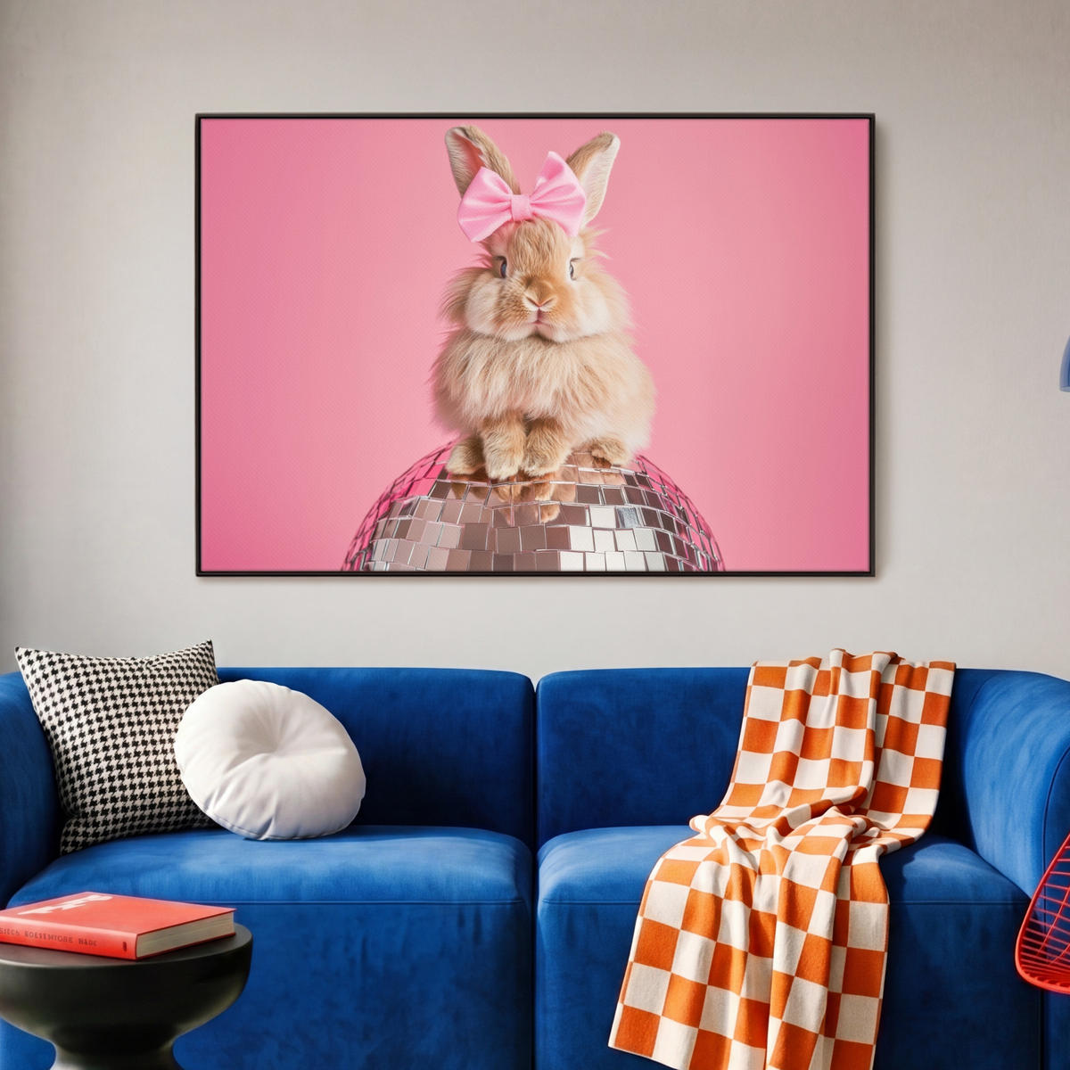 LEINWAND Bilder mit Rahmen - Schleife - Discoball - Kaninchen - 90x60 - Pink, Textil (90/60cm) - MuchoWow