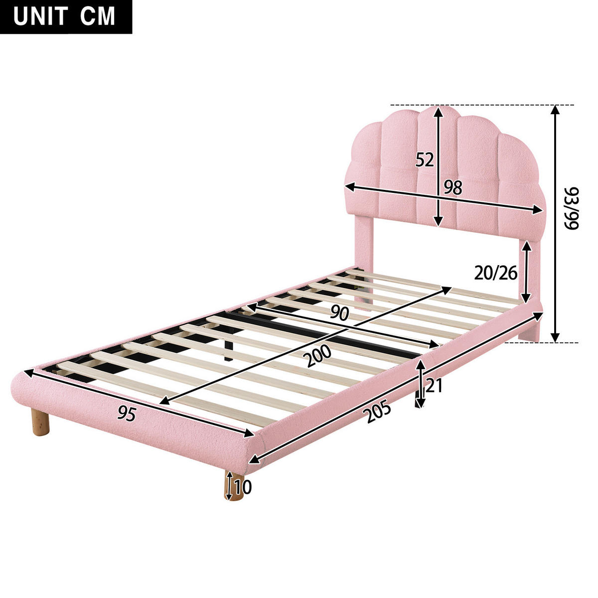 POLSTERBETT 90/200 cm mit lattenrost und verstellbarem Kopfteil aus Bouclé, Rosa/Weiß - Rosa, Textil (90/200cm) - Redom
