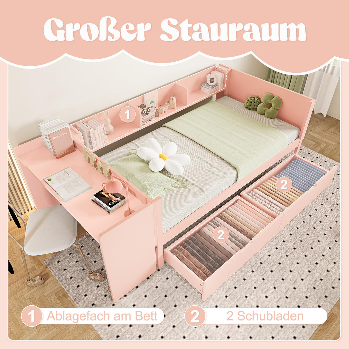 JUGENDBETT 90/200 cm in Rosa mit 2 Schubladen, Schreibtisch und Regal - Rosa, Holz/Holzwerkstoff (90/200cm) - WISHDOR