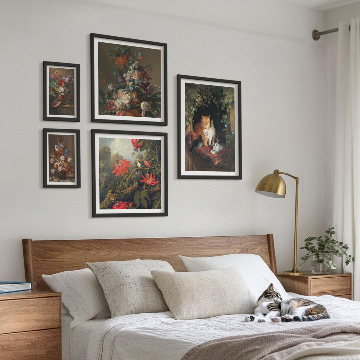 BILDER SET 5er Set - 50x50 cm & 20x30 cm & 40x60 cm Schwarzer Rahmen - Vintage-Blumen, Katzen, Pflanzen - Schwarz, Kunststoff (40/60cm) - TULUP