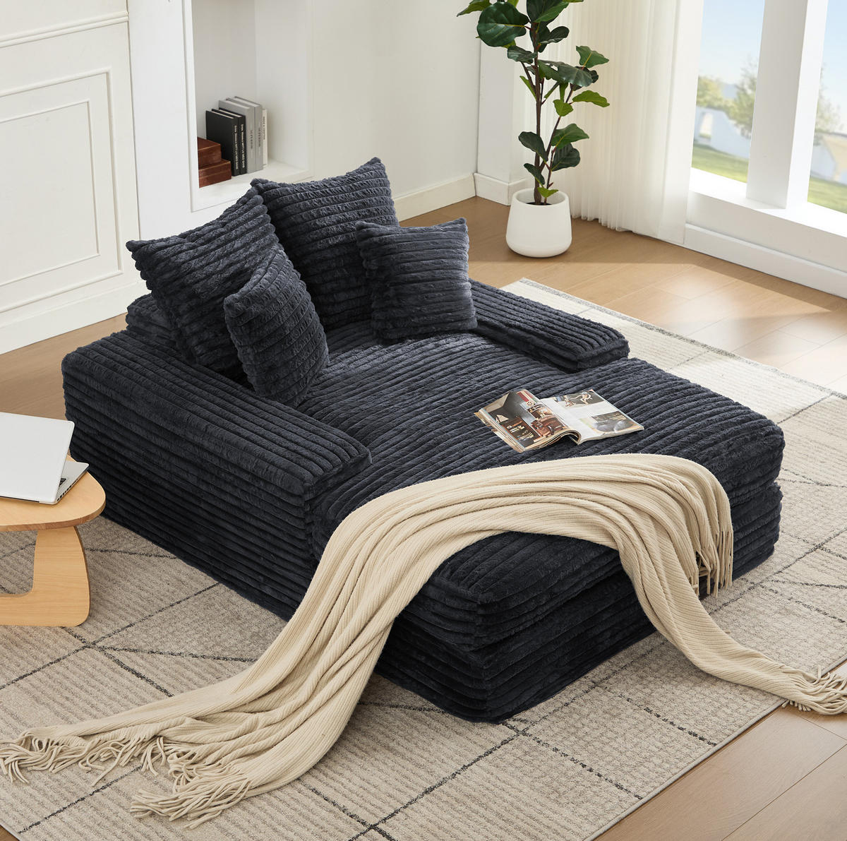 CHAISELONGUE Cordstoff 135 x 165 cm Grau mit 4 Kissen - Grau, Kunststoff (135/58/165cm) - Beauniv