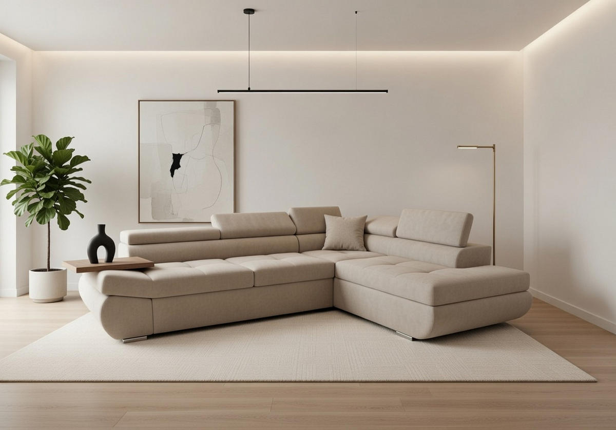 ECKSOFA KONGO RBN03, Eckcouch in L-Form mit Schlaffunktion, Farbe: Beige, Velourstoff, Ottomane Rechts - Beige, Textil (280/200cm) - O-Sofa