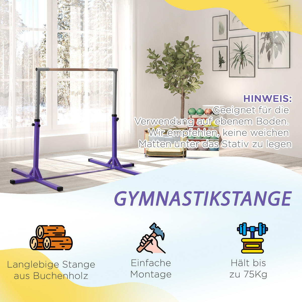 GYMNASTIK-TURNRECK, Reckstange, 13-stufig verstellbar, bis 75 kg belastbar, Lila - Violett, Metall (121/194cm) - HOMCOM