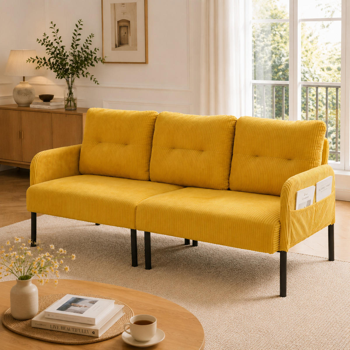 3-SITZER-SOFA DE-33596 mit Seitentaschen Gelb - Gelb, Metall (171/80/72cm) - ComfortXL