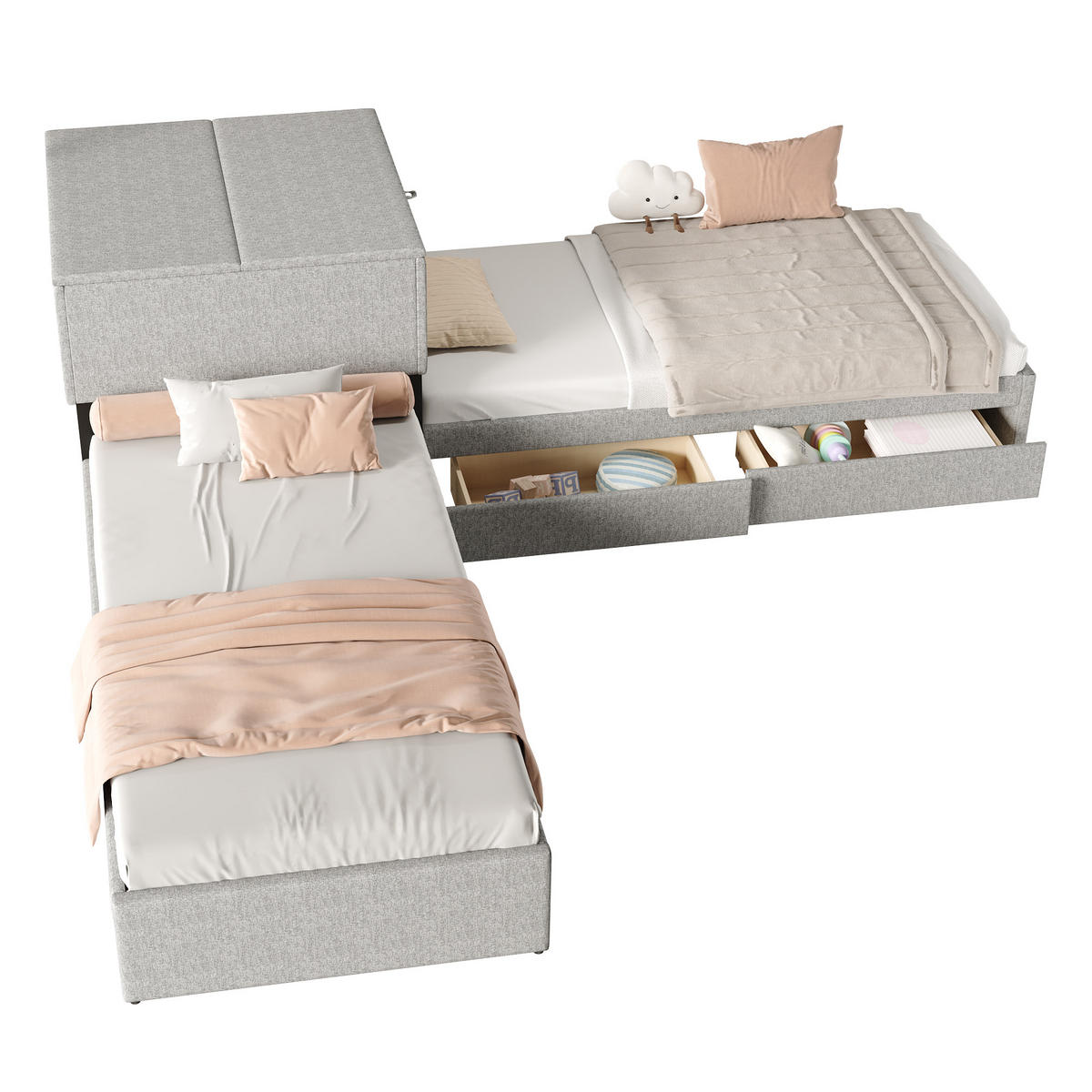 ECKEINZELBETT 90x200cm Grau Leinen Mit Stauraum & Ausziehbett - Grau, Naturmaterialien (90/200cm) - FLIEKS