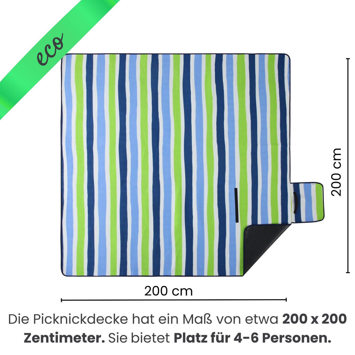 PICKNICKDECKE XXL 200x200 ecoline 100% recyceltes Fleece Streifen blau grün - Blau/Grün, Textil (200/200cm) - wometo
