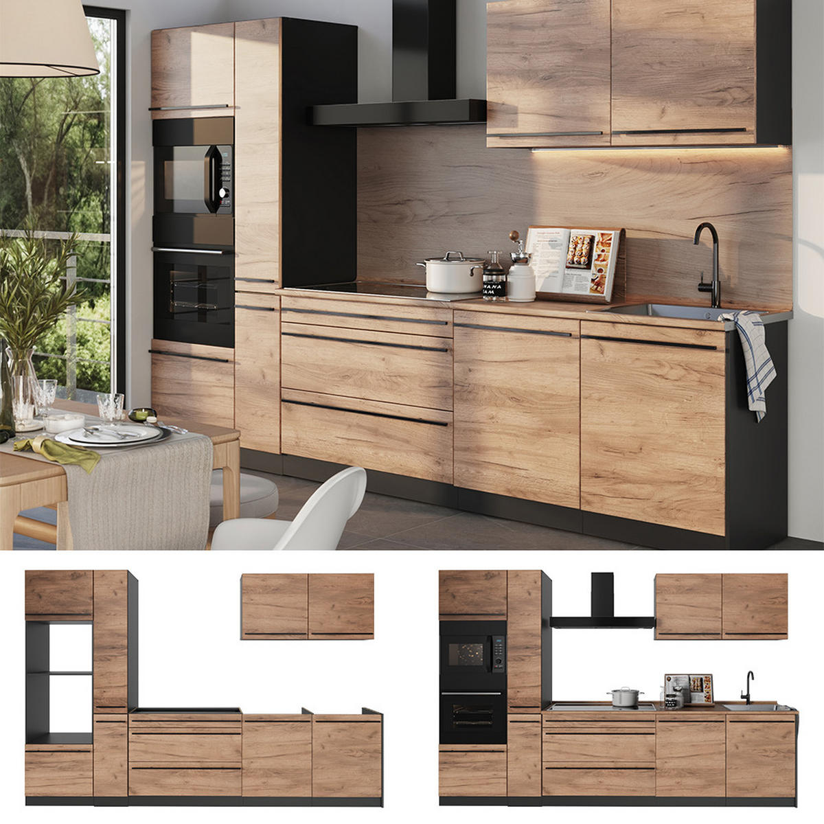 KÜCHENZEILE R-Line, Goldkraft Eiche/Anthrazit, 310 cm Arbeitsplatte Anthrazit - Honigeiche/Anthrazit, Holzwerkstoff (310/206.8/60cm) - Vicco