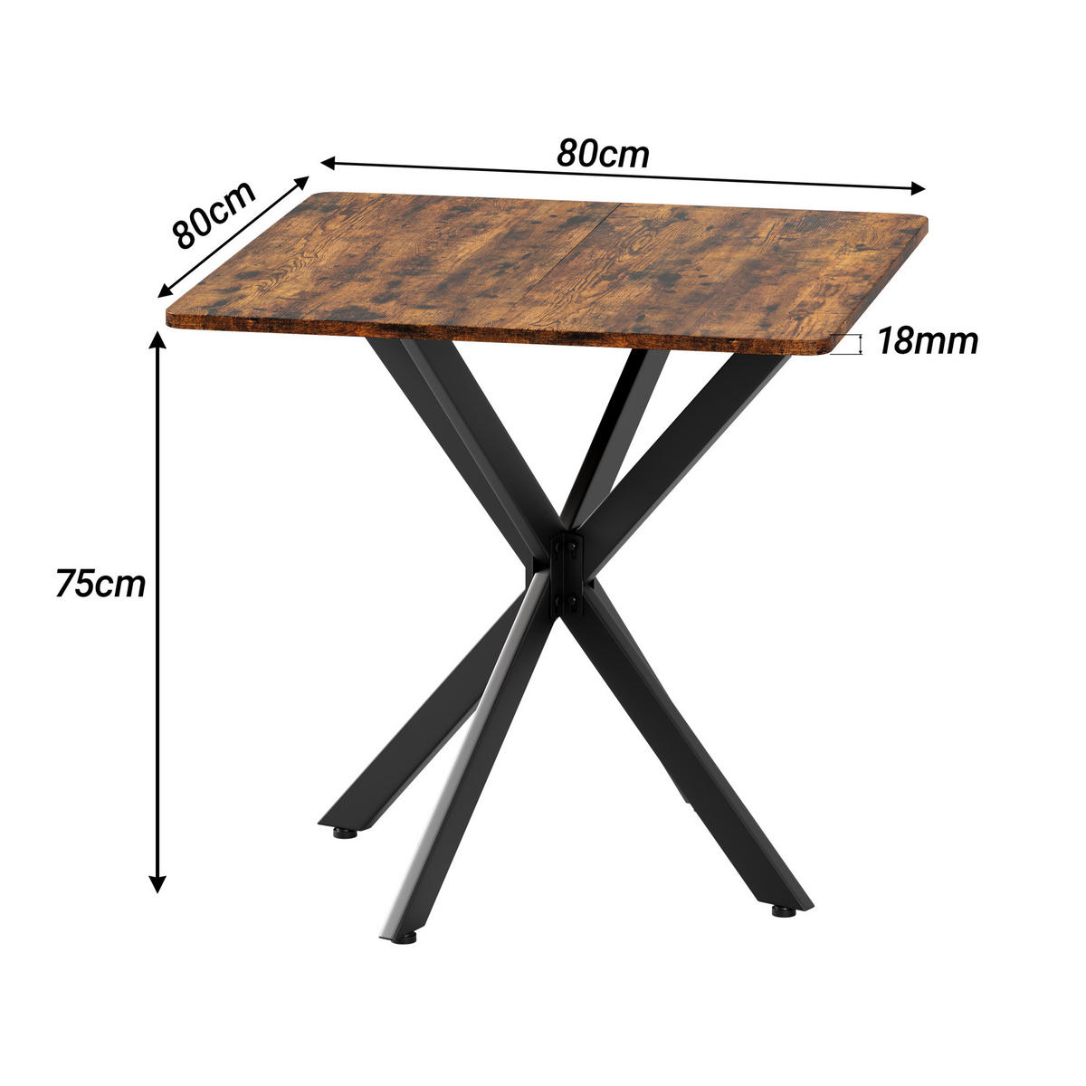 BEISTELLTISCH 80/80/75 cm in Vintagebraun mit schwarzem X-Gestell - Braun, Holzwerkstoff (80/80/75cm) - BEAOK