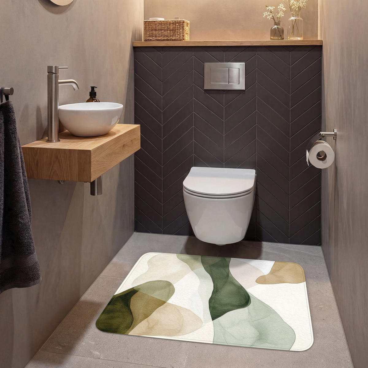 WC-VORLEGER Japandi - Abstrakt - Grün Toilettenteppich 90x60 cm - Grün, Kunststoff/Textil (90/1cm) - OnlyWow