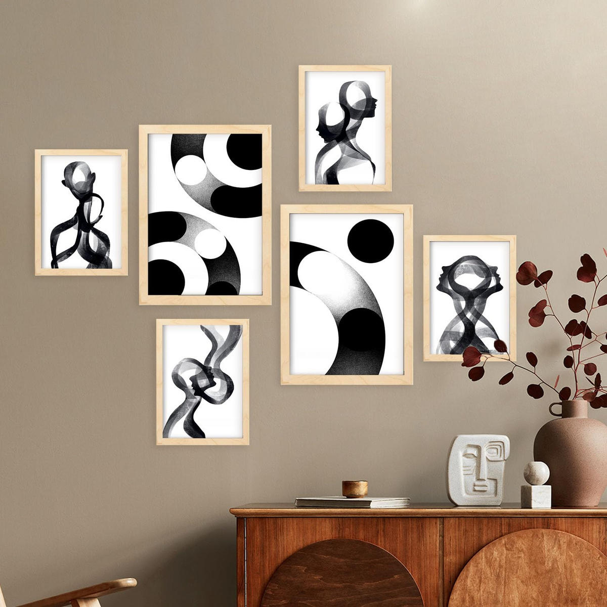 POSTER Set Mit 6 Stille Streifen In Liebhaber Abstrakt Ästhetische Dekorative Gemälde Für Ihr Wohnzimmer Zuhause A3 & A4 Rahmen Aus Hellem Holz - Beige, Papier (29/3cm) - Nacnic