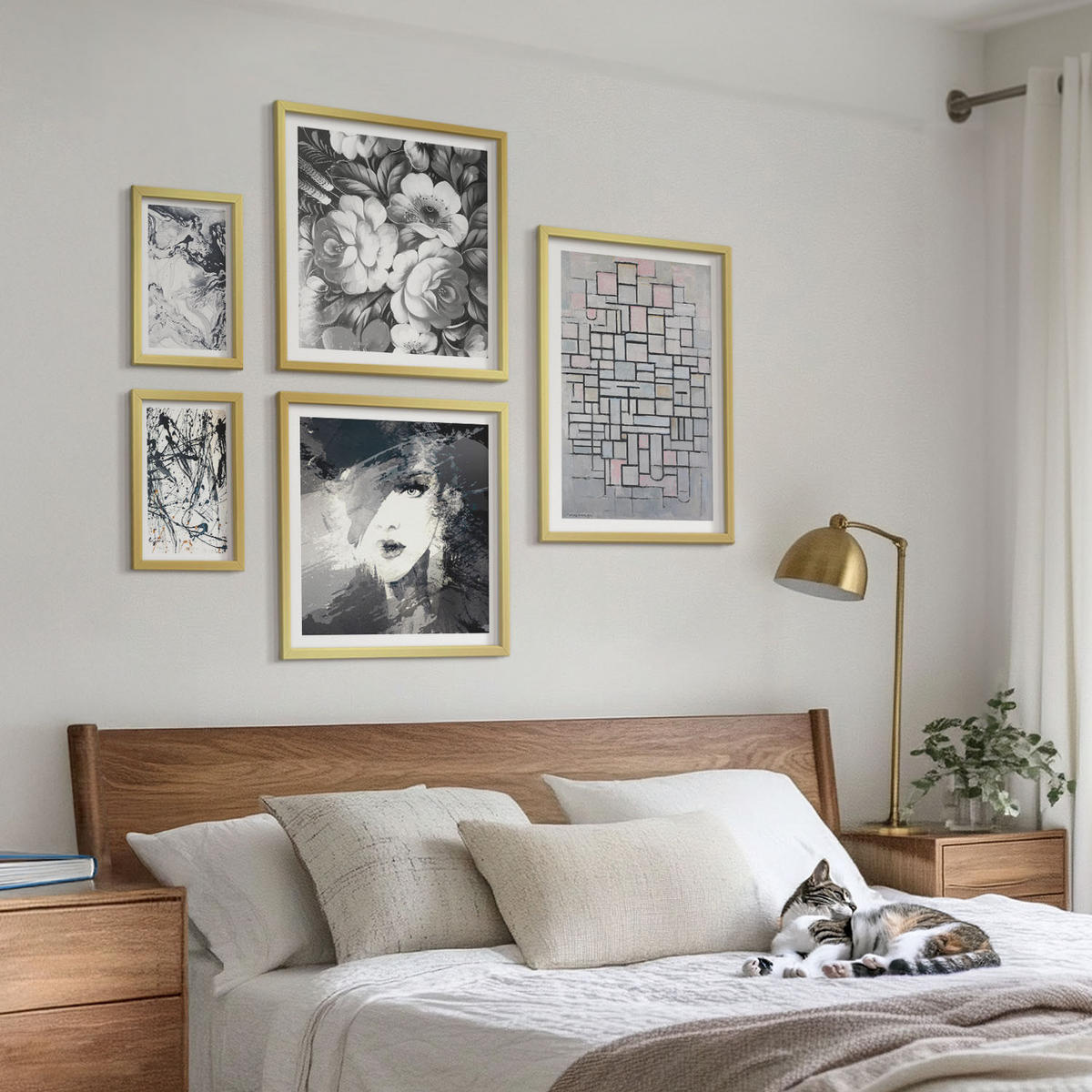 WANDBILDER 5er Set - 50x50 cm & 20x30 cm & 40x60 cm Goldrahmen - Abstrakte schwarz-weiße Muster - Goldfarben, Kunststoff (40/60cm) - ArtPrintCave