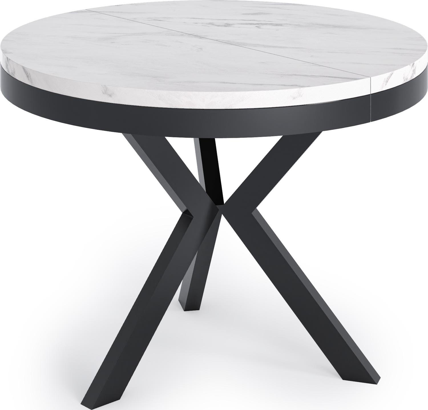 ESSTISCH Velma runder ausziehbarer, Marmor Weiß 100-140/100/76 cm - Ecru/Schwarz, Holzwerkstoff/Metall (100/100/76cm) - WFL GROUP
