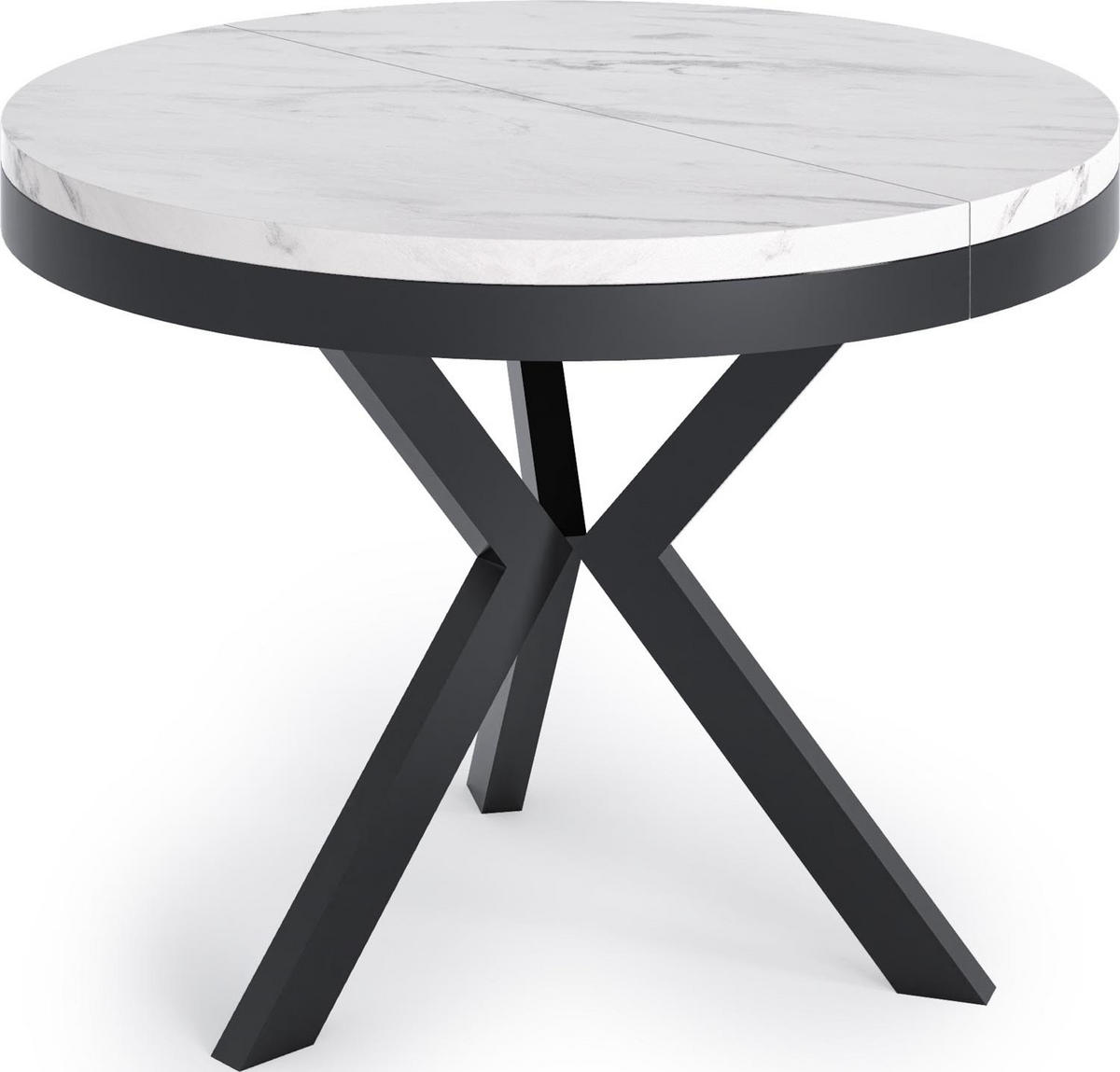 ESSTISCH Velma runder ausziehbarer, Marmor Weiß 100-140/100/76 cm - Ecru/Schwarz, Holzwerkstoff/Metall (100/100/76cm) - WFL GROUP