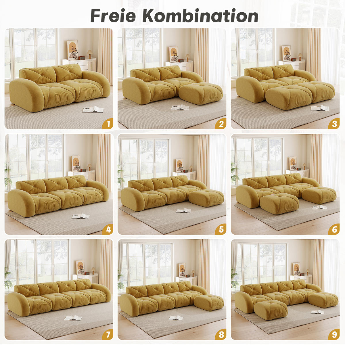 ECKSOFA 204/171/76 cm in Gelb mit Hocker aus Chenille und Moduldesign - Gelb, Textil (171/204cm) - Flora Grace