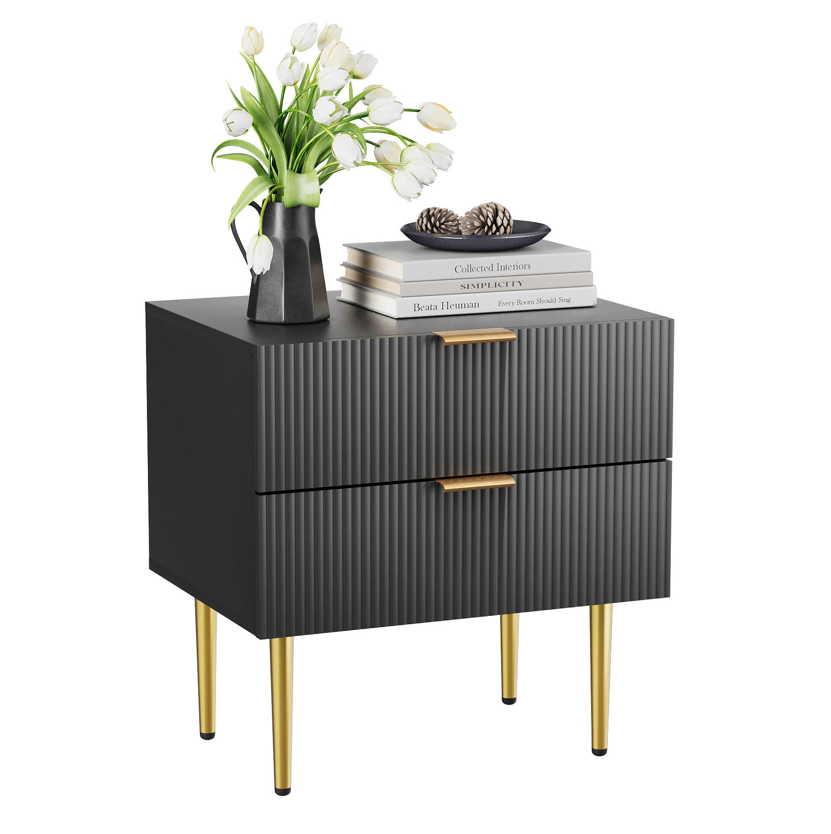 NOČNÍ stolek 53/41,5 cm černý z MDF a kovu se 2 zásuvkami - černá, kompozitní dřevo (53/52.5/41.5cm) - OKWISH
