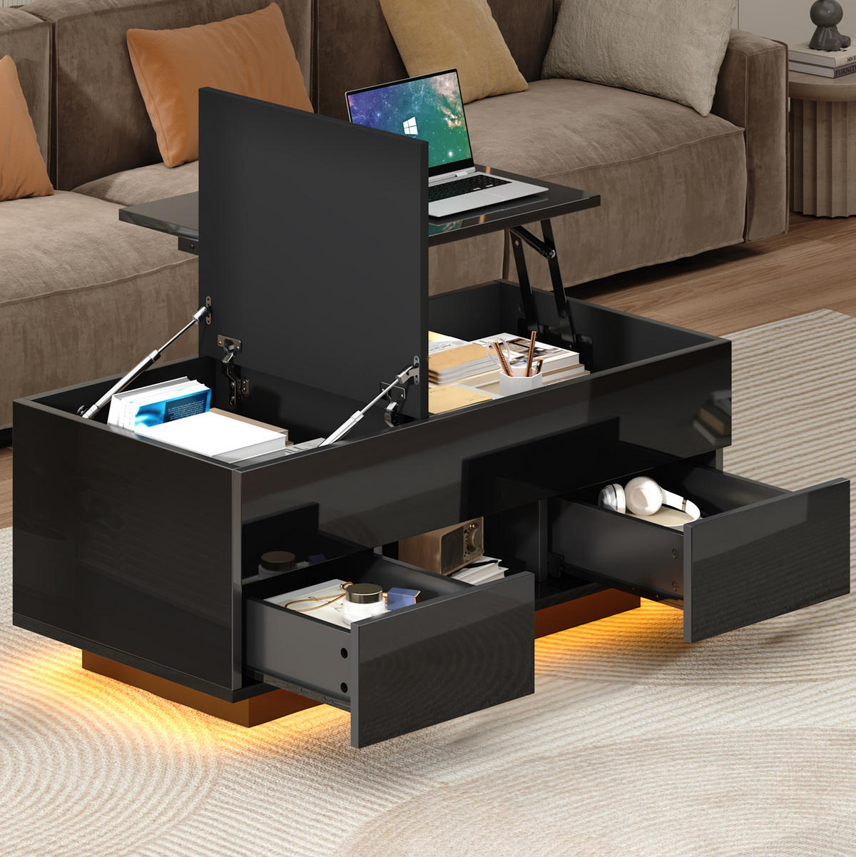 COUCHTISCH 100/45/43 cm höhenverstellbar mit LED-Beleuchtung, 2 Schubladen und Stauraum aus Spanplatte, Schwarz - Schwarz, Holzwerkstoff (100/45/43cm) - Redom