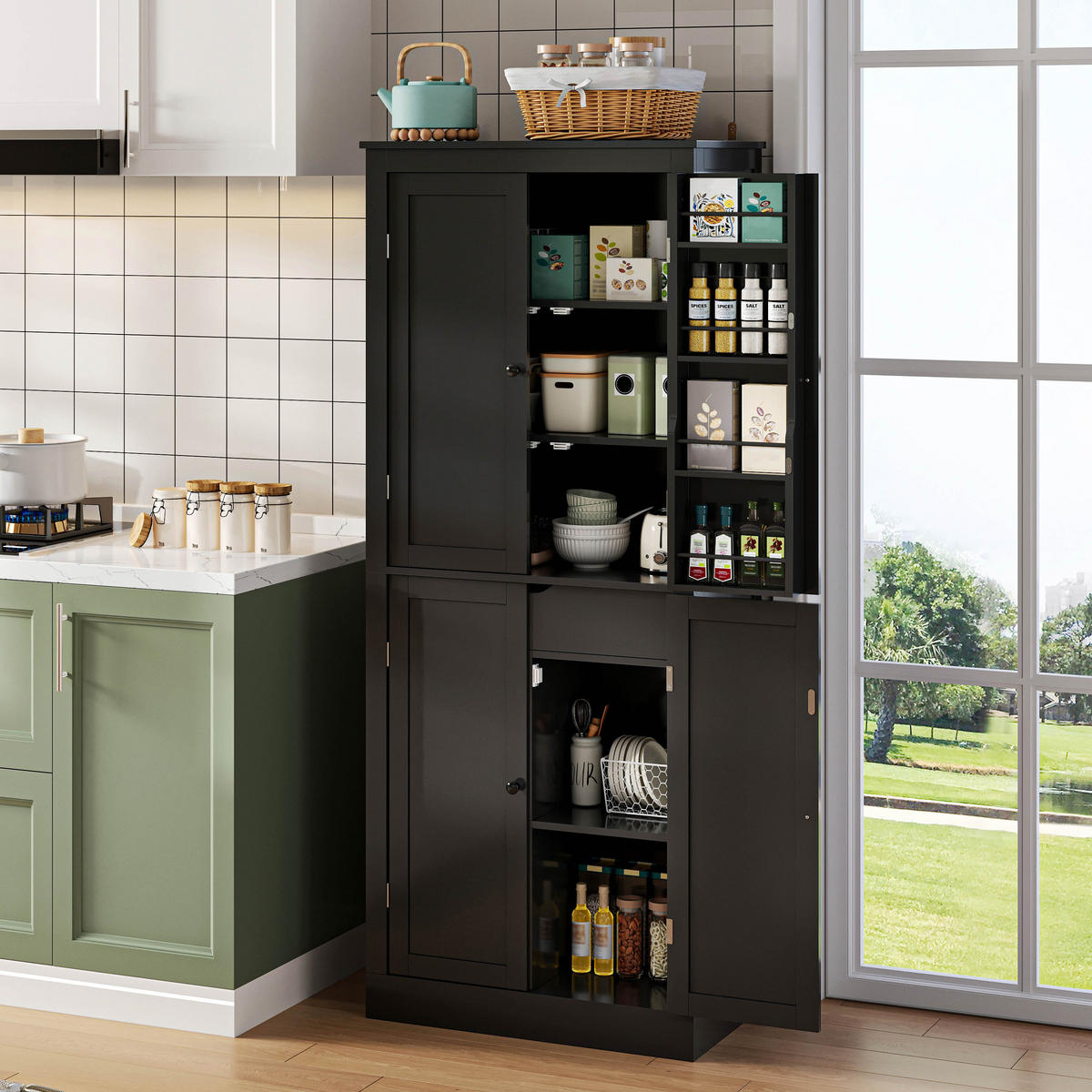 KÜCHENSCHRANK in Schwarz mit Regaltüren und Schublade für Küchen und Wohnzimmer, B75/T40/H182 cm - Schwarz, Holzwerkstoff (75/180/40cm) - STILVORA