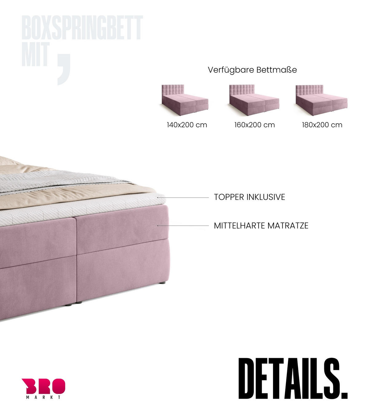 BOXBETT Detroit mit Topper 140/200 Rosa - Rosa, Holzwerkstoff/Textil (140/200cm) - Bromarkt