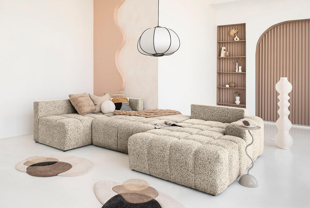 WOHNLANDSCHAFT - Strukturstoff - Creme/Schwarz, Kunststoff/Textil (333/187cm) - home24