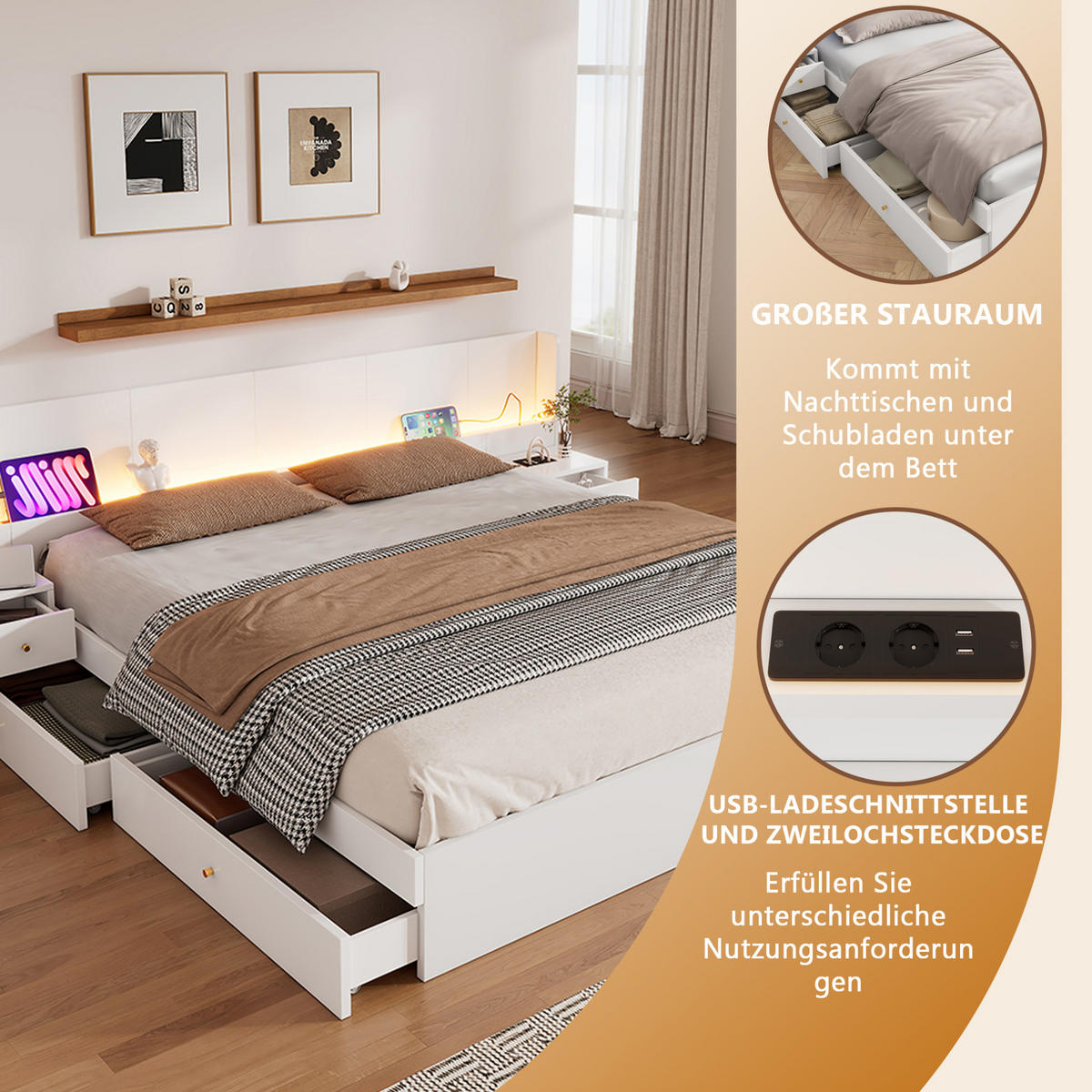 DOPPELBETT 180/200 cm in Weiß mit LED, USB, Steckdose, 2 Nachttischen & Schubladen - Weiß, Holzwerkstoff (180/200cm) - BEAOK