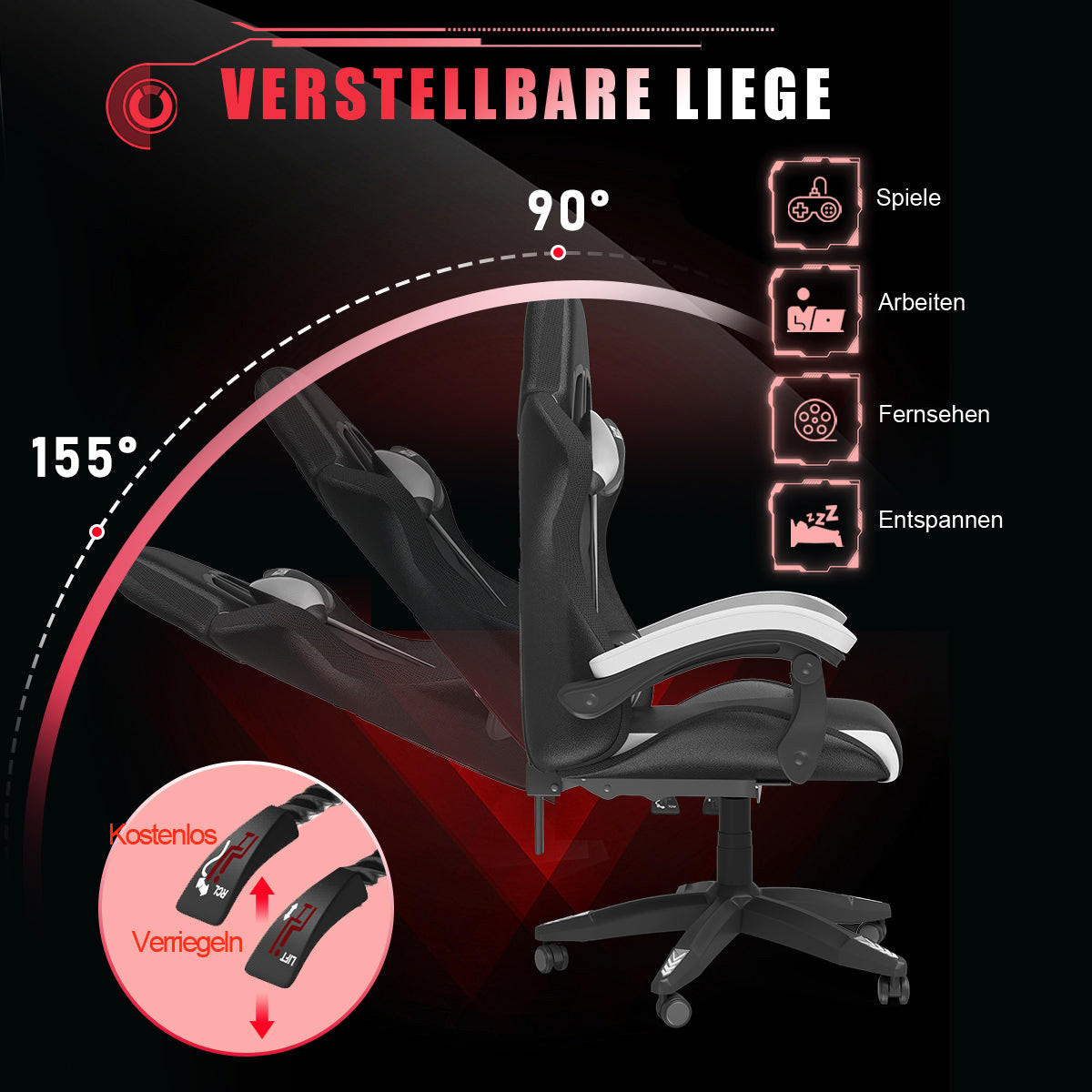 GAMING-STUHL LED, höhenverstellbar, Lenden- & Kopfstütze – Schwarz/Weiß - Weiß, Leder (53.5/117/54cm) - Rattantree
