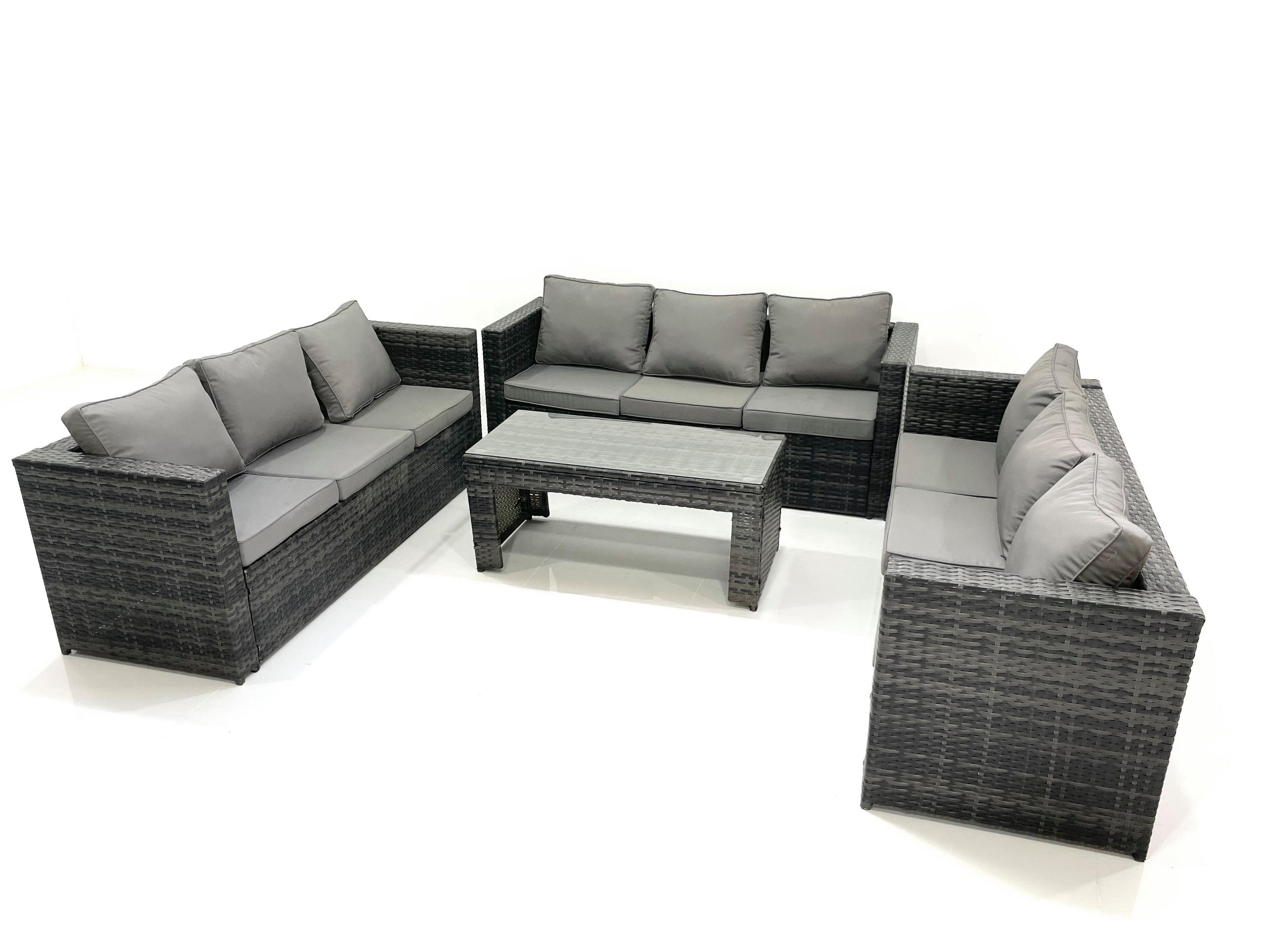 GARTENMÖBEL COUCHTISCH SET mit Sofa Polyrattan Outdoor 9-Sitzer - Dunkelgrau/Grau, Glas/Kunststoff - Fimous
