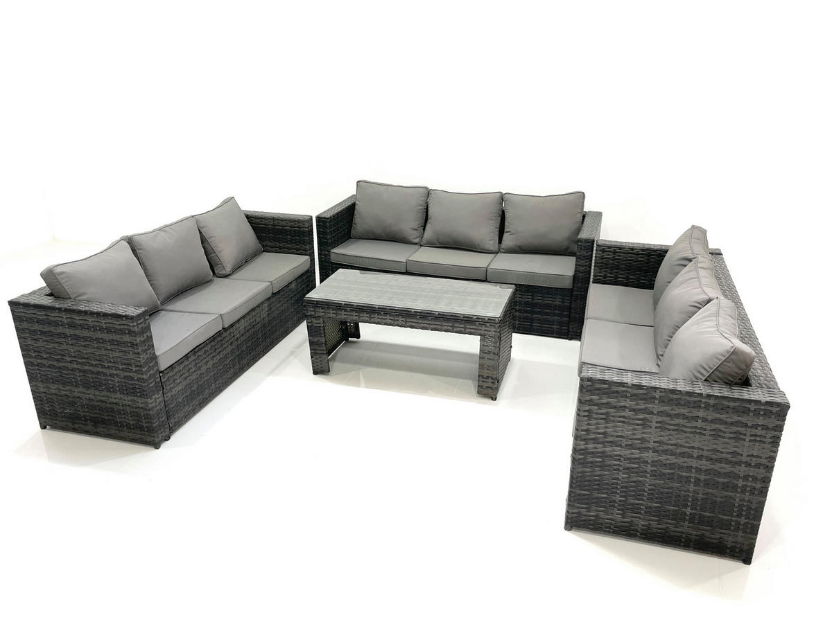 GARTENMÖBEL COUCHTISCH SET mit Sofa Polyrattan Outdoor 9-Sitzer - Dunkelgrau/Grau, Glas/Kunststoff - Fimous