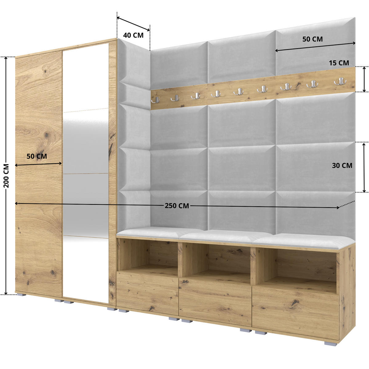 GARDEROBE NELA VII 250 cm (Modulare Flurmöbel XL Artisan Eiche mit Spiegel & Sitzpolster Hellgrau 32 Universell) - Silberfarben/Hellgrau, Holz/Holzwerkstoff (250/187/40cm) - Ravio