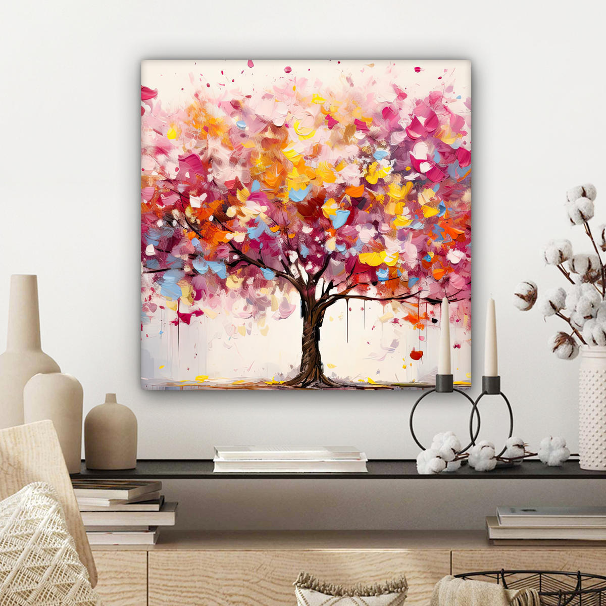 LEINWANDBILD Aquarell - Baum - Kunst - Abstrakt Wandbild Wohnzimmer 50x50 cm - Multicolor, Textil (50/50cm) - MuchoWow