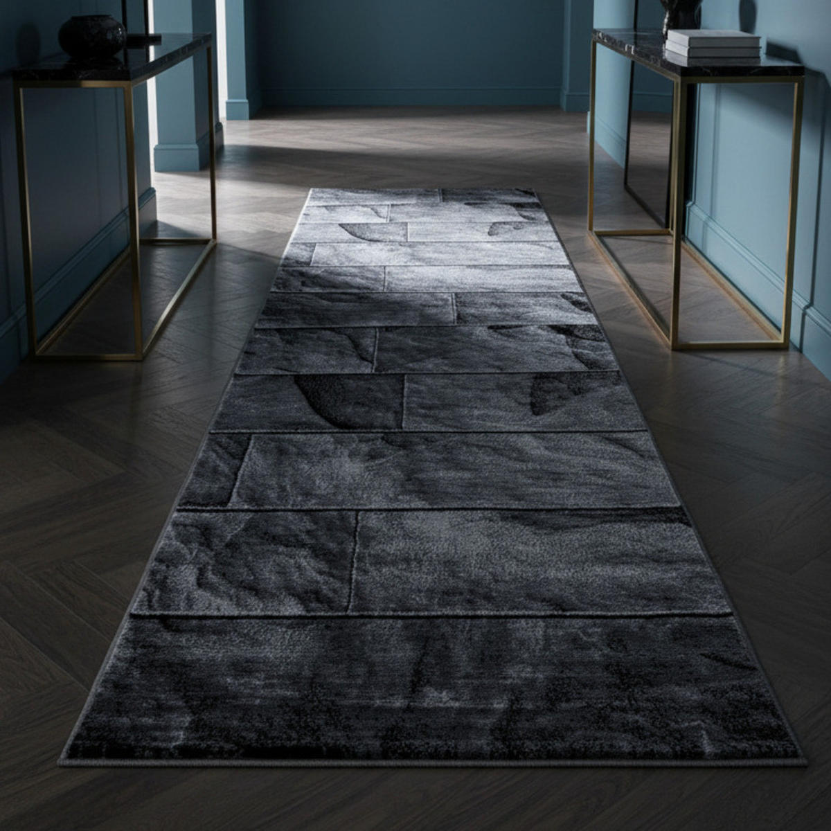 TEPPICH Kurzflor DRAU in Schwarz, in Steinoptik, 80 x 300 cm - Schwarz, Textil (300/80cm) - KADIMA DESIGN