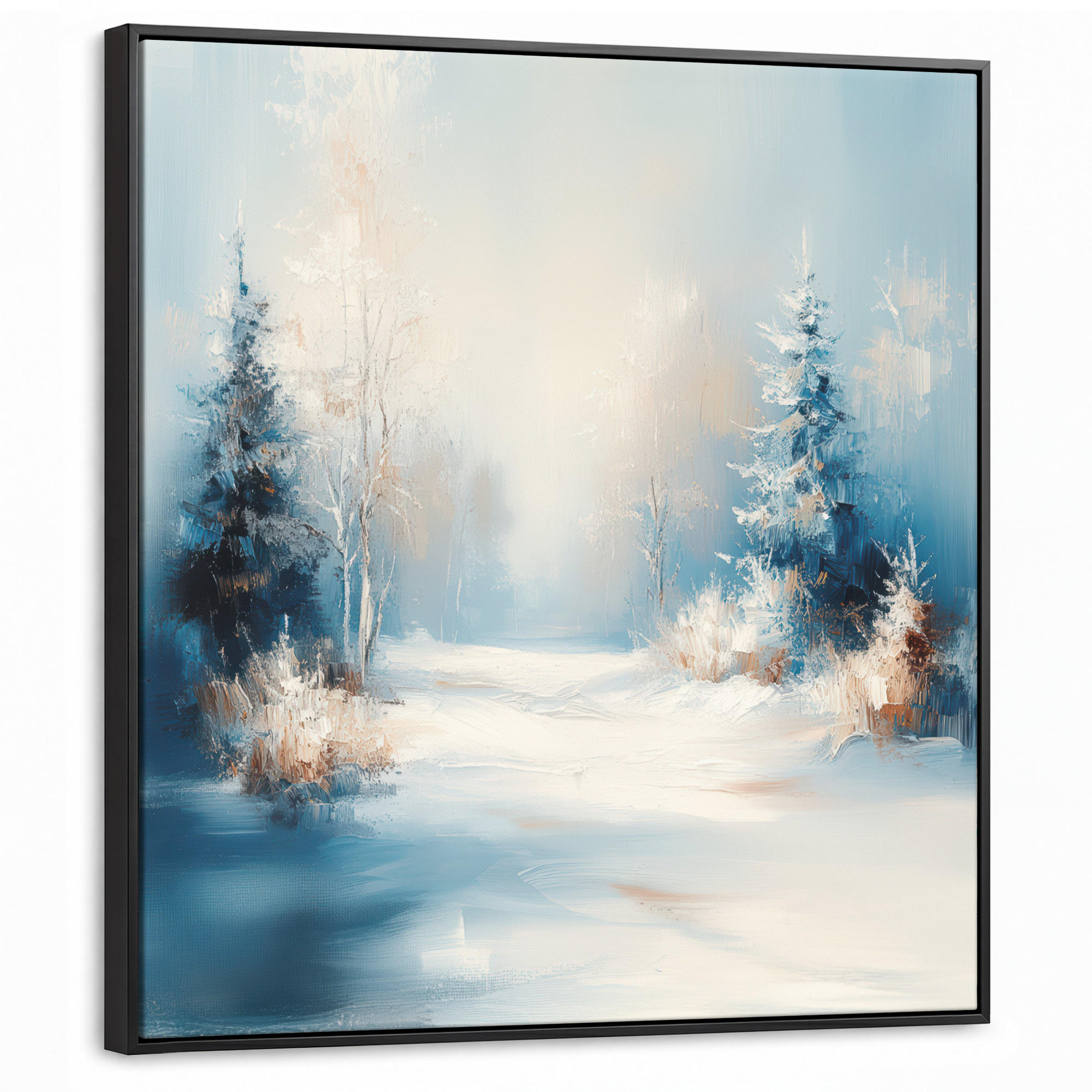 LEINWAND Bilder mit Rahmen - Wald – Winter – Natur – Abstrakt – Schnee - 90x90 - Weiß, Textil (90/90cm) - MuchoWow