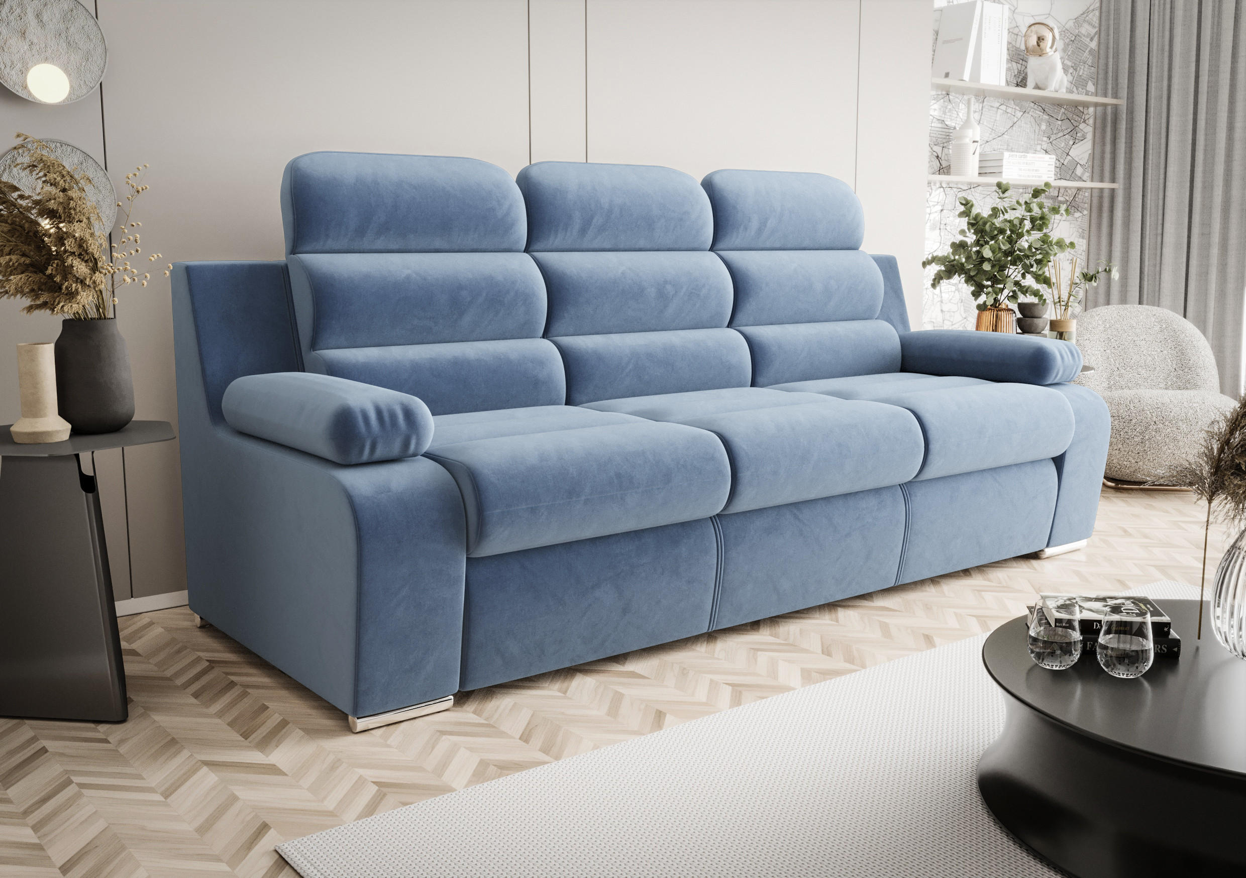 SCHLAFSOFA AMBER, mit Schlaffunktion und Bettkasten, Farbe: Blau, Velourstoff - Blau, Textil (238/103/96cm) - O-Sofa
