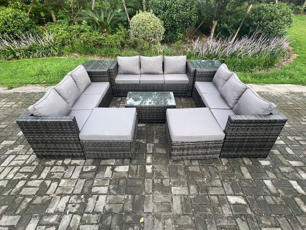 GARTENSET mit Beistelltisch Polyrattan 11-Sitzer - Dunkelgrau, Metall - Fimous